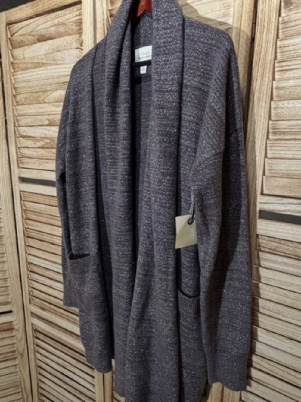 NWT Hinge Shimmering Charcoal Gray Silver Knit Open Cardigan Pockets M